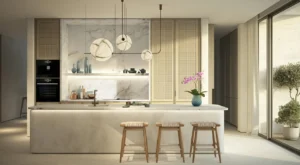 Waterfront Villas Type C kitchen option 2 marble backsplash Island B Dubai Islands Presented by Tohid Fetrat
