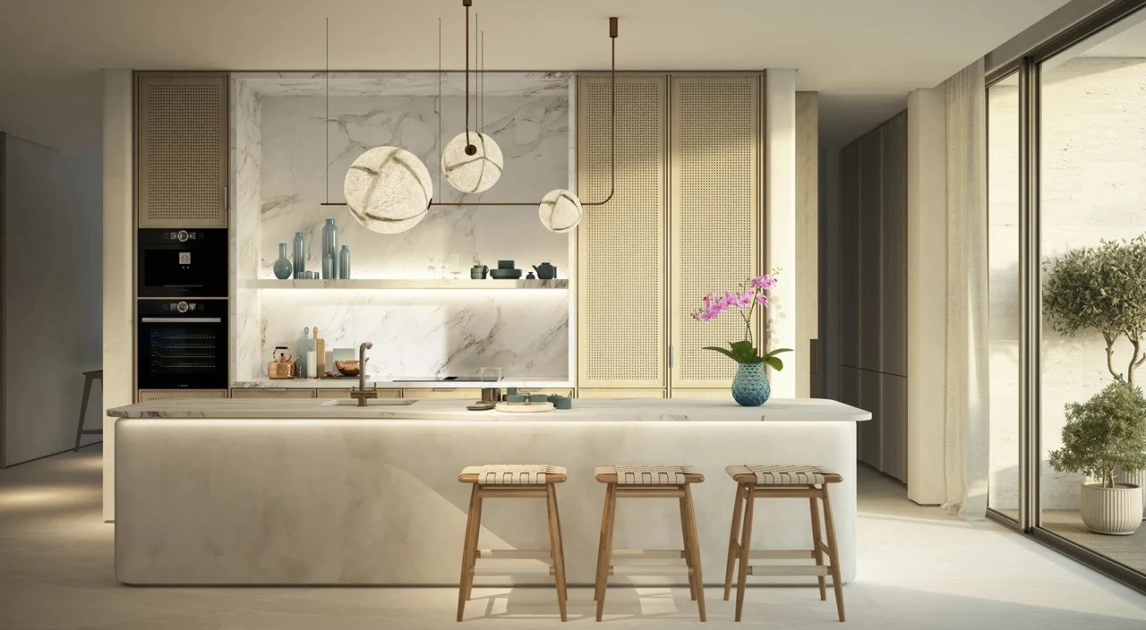 Waterfront Villas Type C kitchen option 2 marble backsplash Island B Dubai Islands Presented by Tohid Fetrat