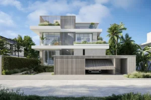 Waterfront Villas Type D exterior modern façade with private garage and landscaping Island B Dubai Islands Presented by Tohid Fetrat