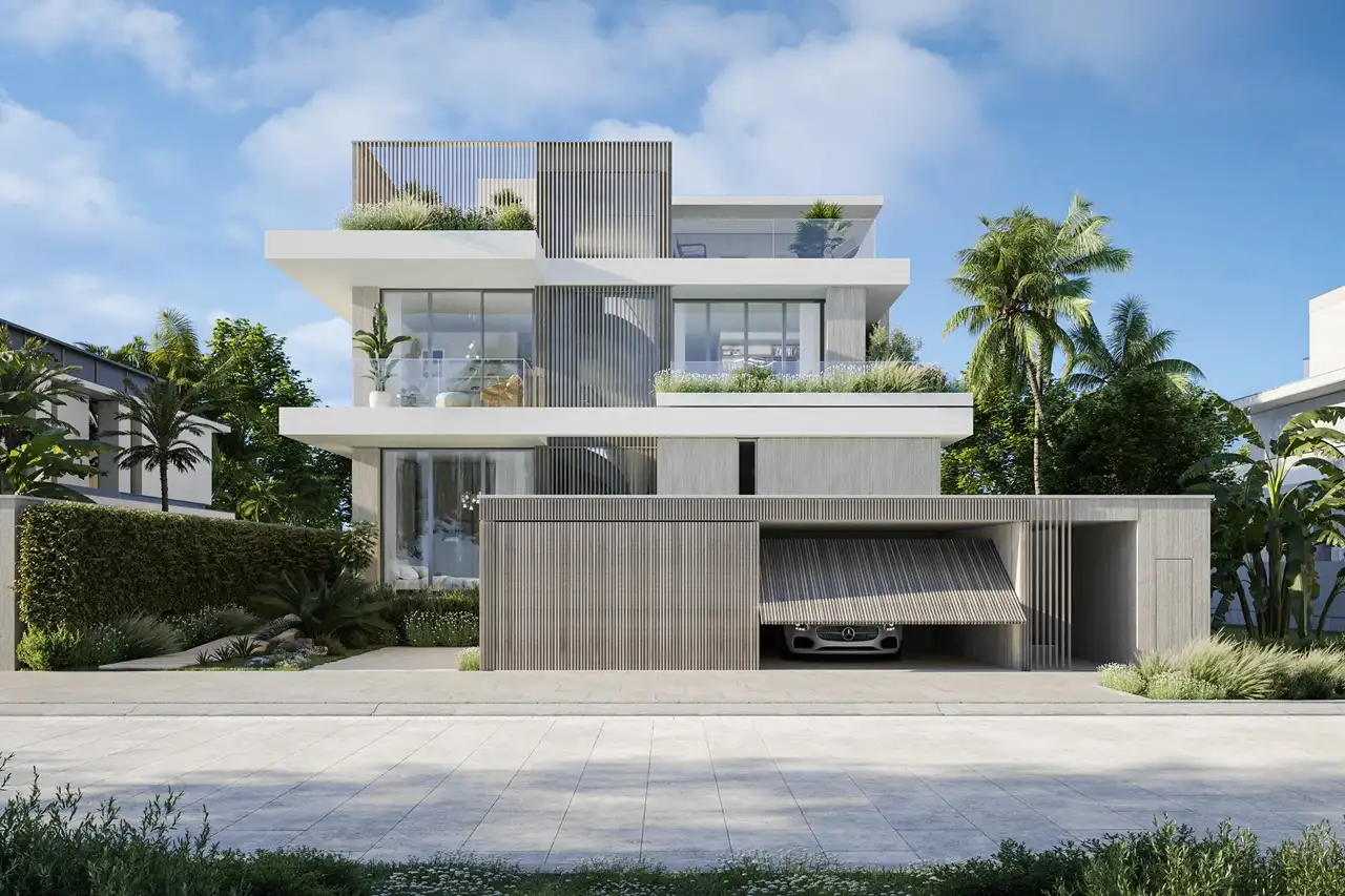 Waterfront Villas Type D exterior modern façade with private garage and landscaping Island B Dubai Islands Presented by Tohid Fetrat