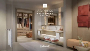 Address Residences The Bay at Emaar Beachfront by Emaar luxury bathroom with double vanity and walk in closet in Dubai Presented by Tohid Fetrat
