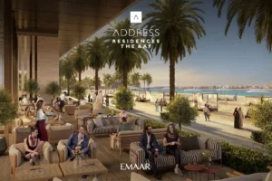 Address Residences The Bay at Emaar Beachfront by Emaar beachfront lounge with outdoor seating palm trees and private beach access in Dubai Presented by Tohid Fetrat