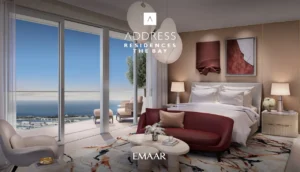 Address Residences The Bay at Emaar Beachfront by Emaar luxury bedroom with floor to ceiling windows and sea view balcony in Dubai Presented by Tohid Fetrat