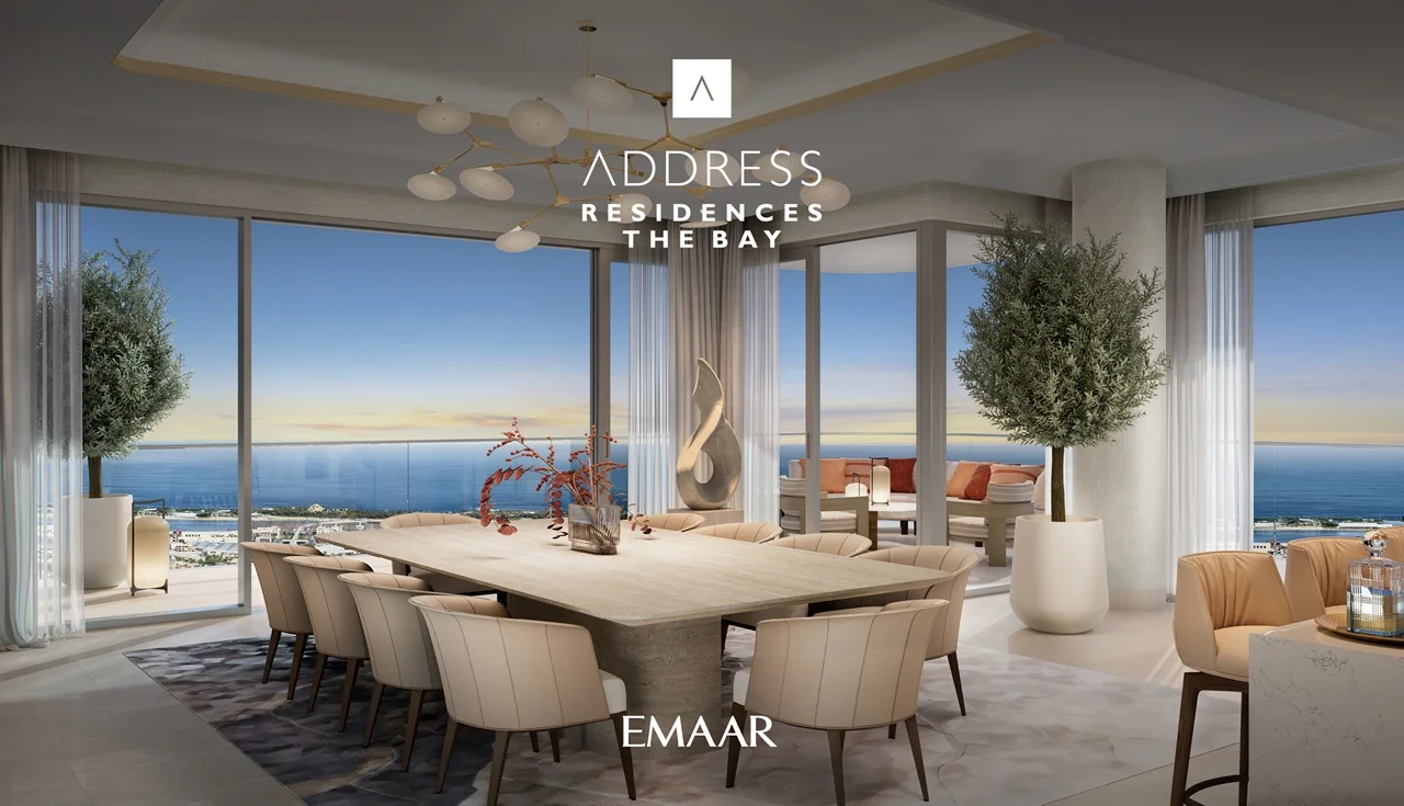 Address Residences The Bay at Emaar Beachfront by Emaar luxury dining room with panoramic sea views and floor to ceiling windows in Dubai Presented by Tohid Fetrat