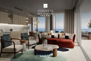Address Residences The Bay at Emaar Beachfront by Emaar modern living area with open kitchen and sea view in Dubai Presented by Tohid Fetrat