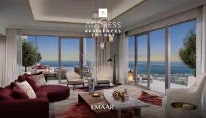 Address Residences The Bay at Emaar Beachfront by Emaar luxury living room with floor to ceiling windows and Gulf view terrace in Dubai Presented by Tohid Fetrat