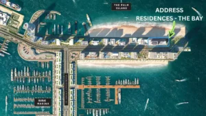 Address Residences The Bay at Emaar Beachfront by Emaar masterplan map showing beachfront location near Dubai Marina and Palm Island in Dubai Presented by Tohid Fetrat