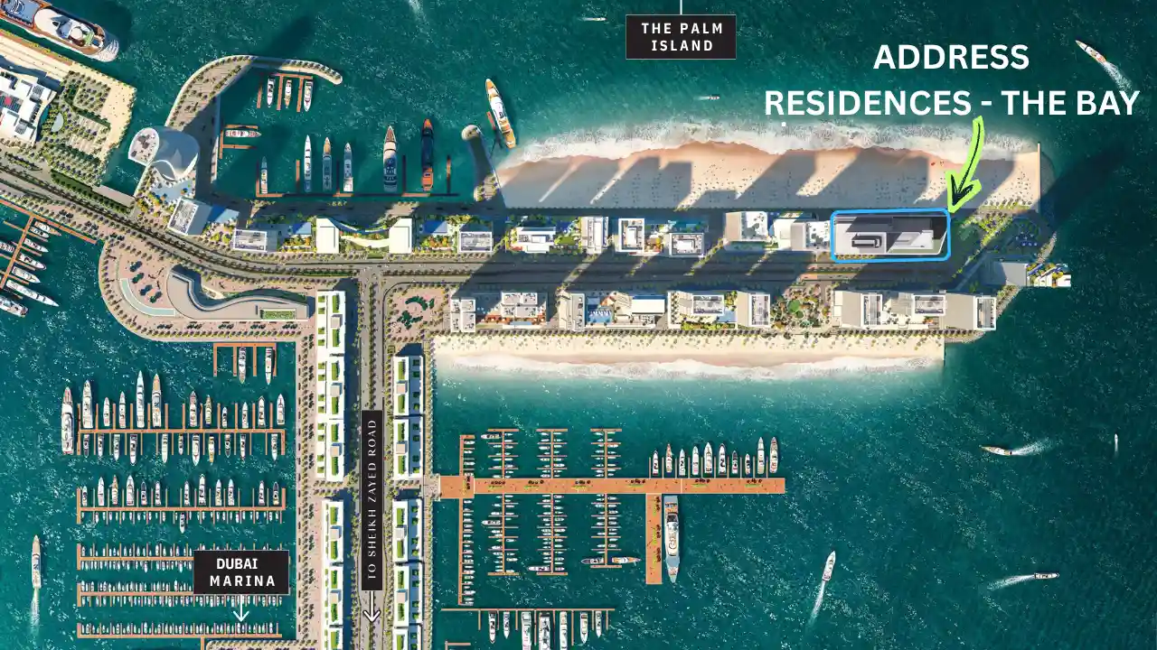 Address Residences The Bay at Emaar Beachfront by Emaar masterplan map showing beachfront location near Dubai Marina and Palm Island in Dubai Presented by Tohid Fetrat