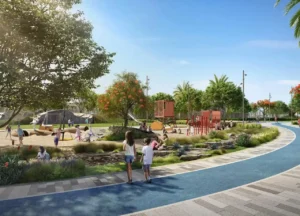 Alana at The Valley by Emaar outdoor kids playground with natural play areas walking paths and landscaped park in Dubai - Presented by Tohid Fetrat