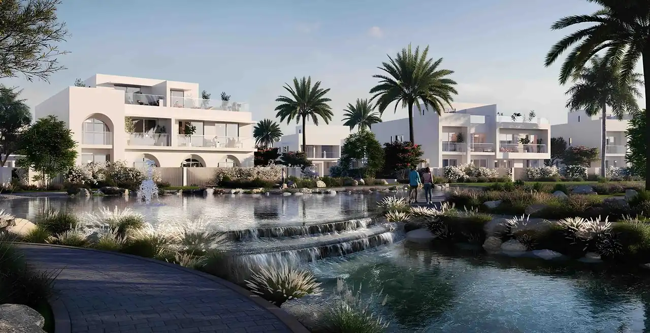Alana at The Valley by Emaar lagoon with waterfall feature landscaped surroundings and modern villas in Dubai - Presented by Tohid Fetrat