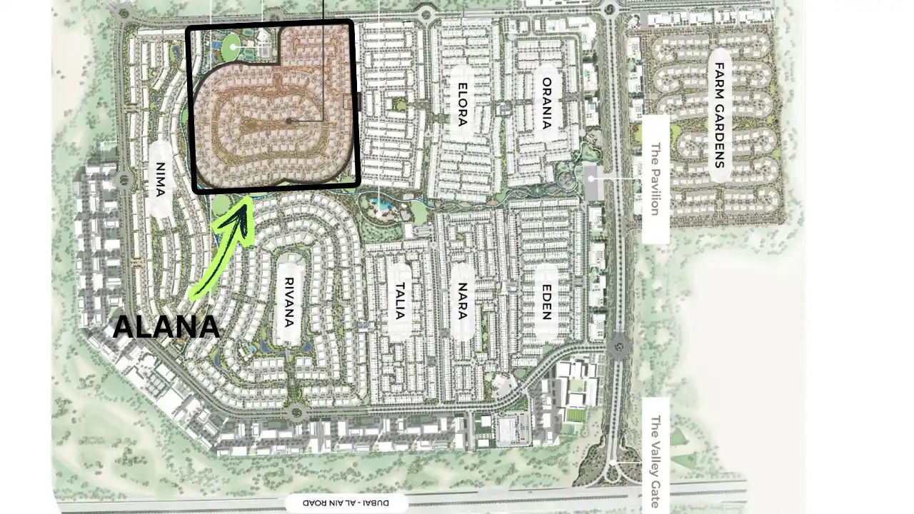 Alana at The Valley by Emaar location map highlighting Alana cluster within the master community in Dubai - Presented by Tohid Fetrat
