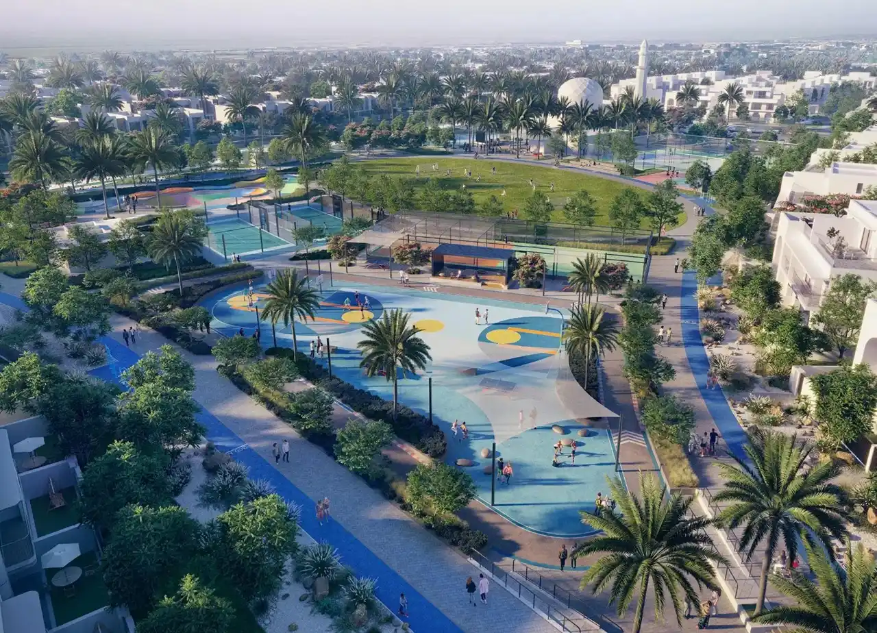 Alana at The Valley by Emaar community park with sports courts walking paths landscaped greenery and recreational areas in Dubai - Presented by Tohid Fetrat