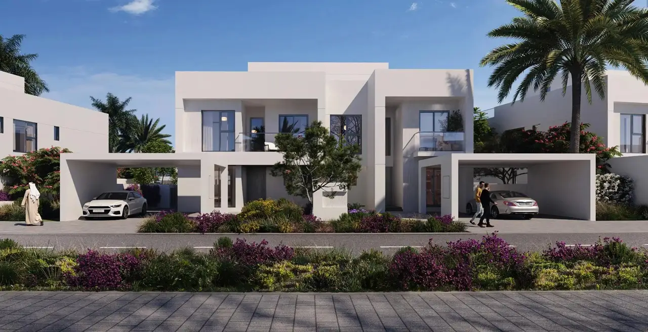 Alana at The Valley by Emaar modern villa exterior with clean architecture landscaped garden and covered parking in Dubai - Presented by Tohid Fetrat