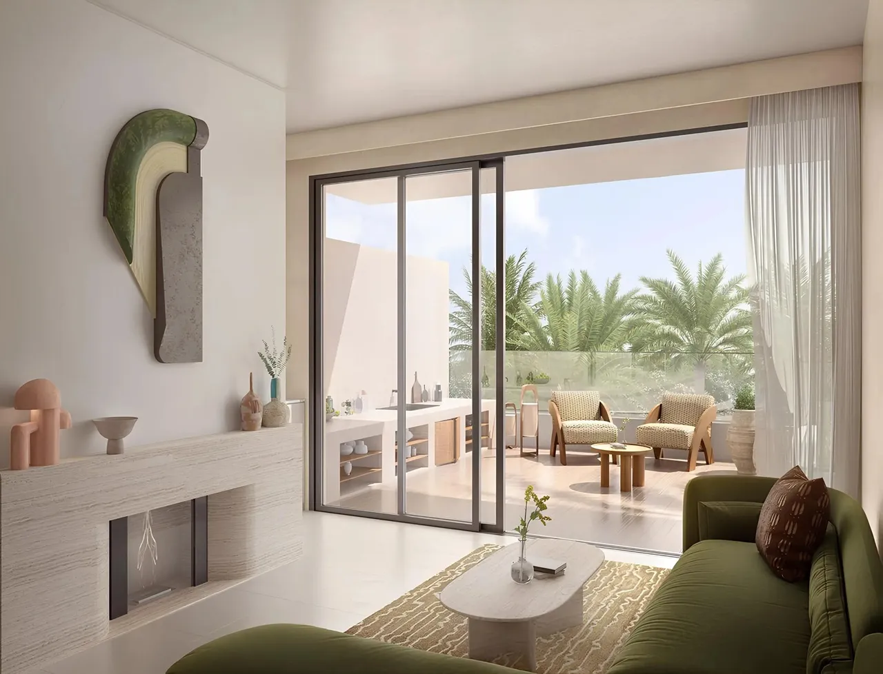 Alana at The Valley by Emaar living area with sliding glass doors opening to a private terrace with outdoor seating in Dubai - Presented by Tohid Fetrat