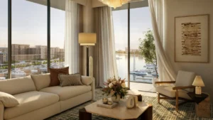 Aurea living room marina view at Rashid Yachts & Marina in Mina Rashid, Dubai - Presented by Tohid Fetrat