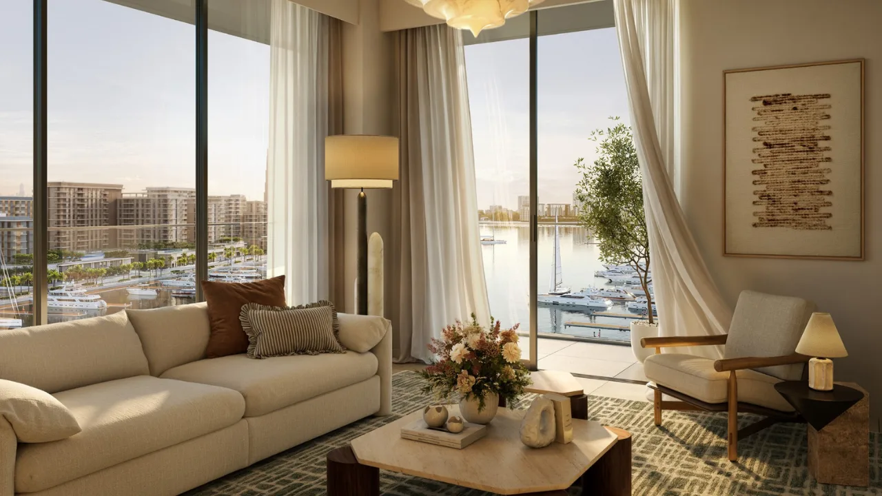 Aurea living room marina view at Rashid Yachts & Marina in Mina Rashid, Dubai - Presented by Tohid Fetrat