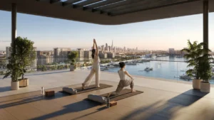 Aurea yoga terrace marina view at Rashid Yachts & Marina in Mina Rashid, Dubai - Presented by Tohid Fetrat