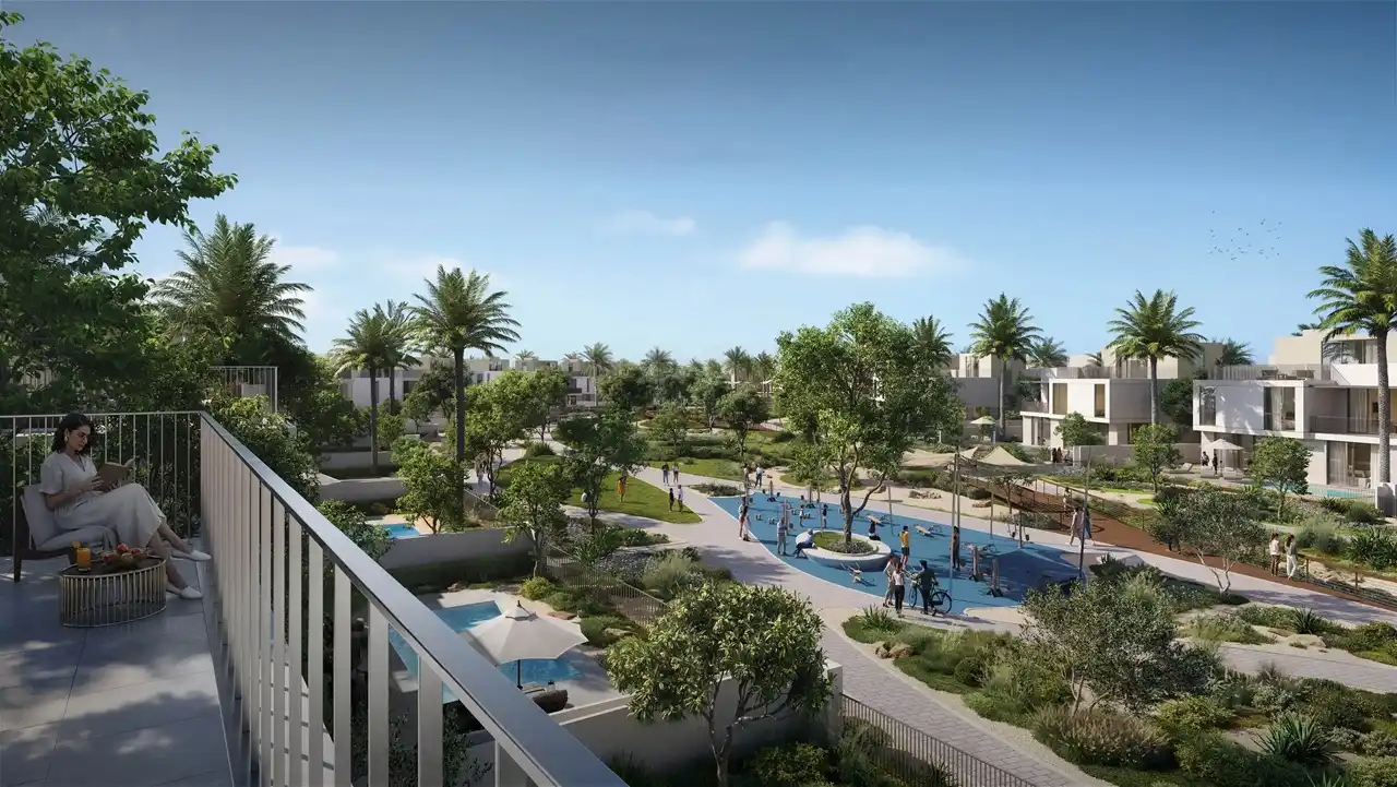 Avelia at The Valley by Emaar community park with landscaped greenery walking paths and outdoor fitness area in Dubai - Presented by Tohid Fetrat
