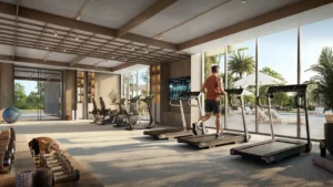 Avelia at The Valley by Emaar modern gym with treadmills fitness equipment and pool view in Dubai - Presented by Tohid Fetrat