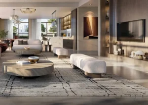 Avelia at The Valley by Emaar open plan living room with modern furniture kitchen and dining area in Dubai - Presented by Tohid Fetrat