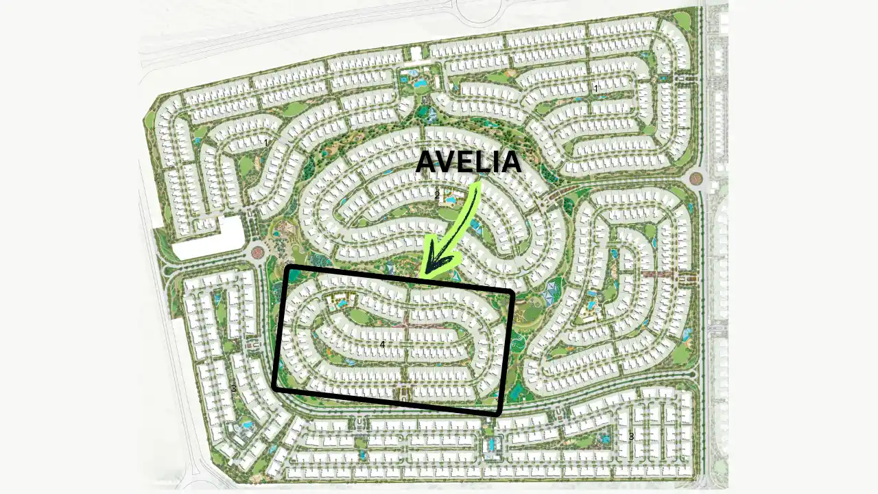 Avelia at The Valley by Emaar masterplan showing community layout highlighted residential cluster and green spaces in Dubai - Presented by Tohid Fetrat