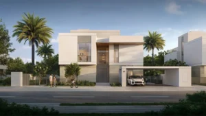 Avelia at The Valley by Emaar modern villa front elevation with carport and landscaped surroundings in Dubai - Presented by Tohid Fetrat