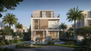 Avelia at The Valley by Emaar modern villa with garden and private pool outdoor seating and evening ambiance in Dubai - Presented by Tohid Fetrat
