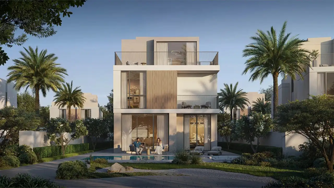 Avelia at The Valley by Emaar modern villa with garden and private pool outdoor seating and evening ambiance in Dubai - Presented by Tohid Fetrat