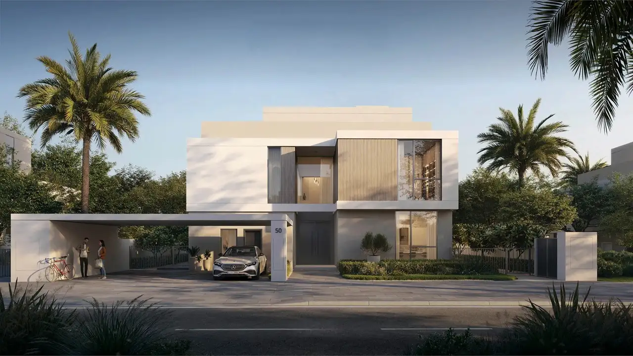 Avelia at The Valley by Emaar modern villa exterior with carport landscaped garden and clean architectural design in Dubai - Presented by Tohid Fetrat