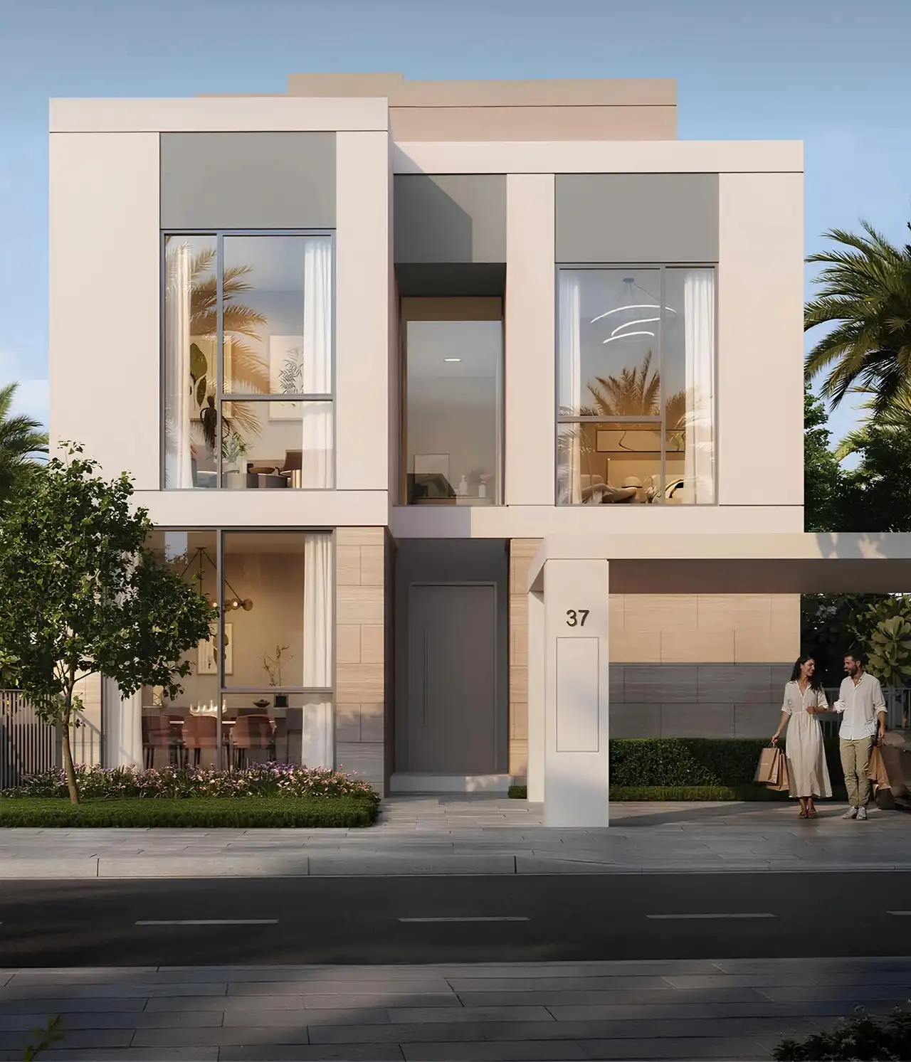 Avelia at The Valley by Emaar modern villa facade with large windows and entrance design in Dubai - Presented by Tohid Fetrat