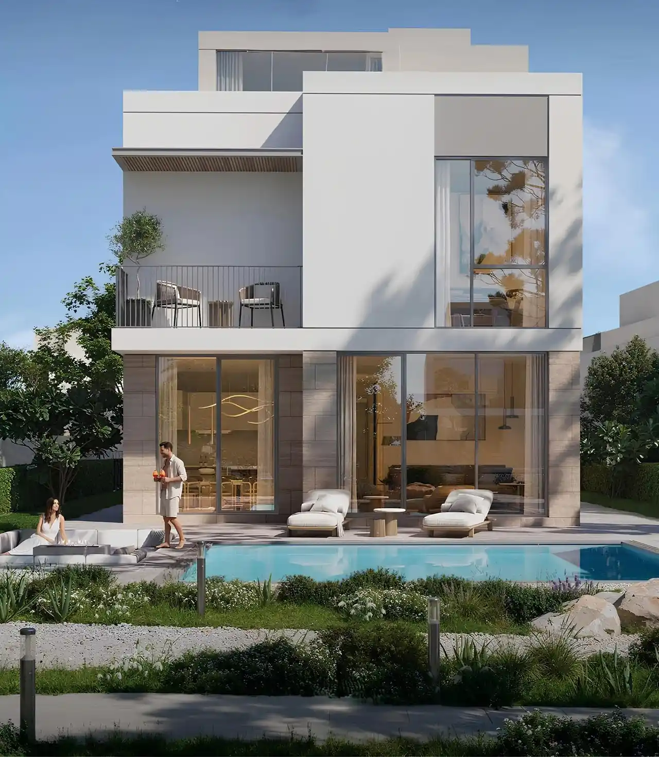 Avelia at The Valley by Emaar modern villa backyard with private pool terrace and large windows in Dubai - Presented by Tohid Fetrat