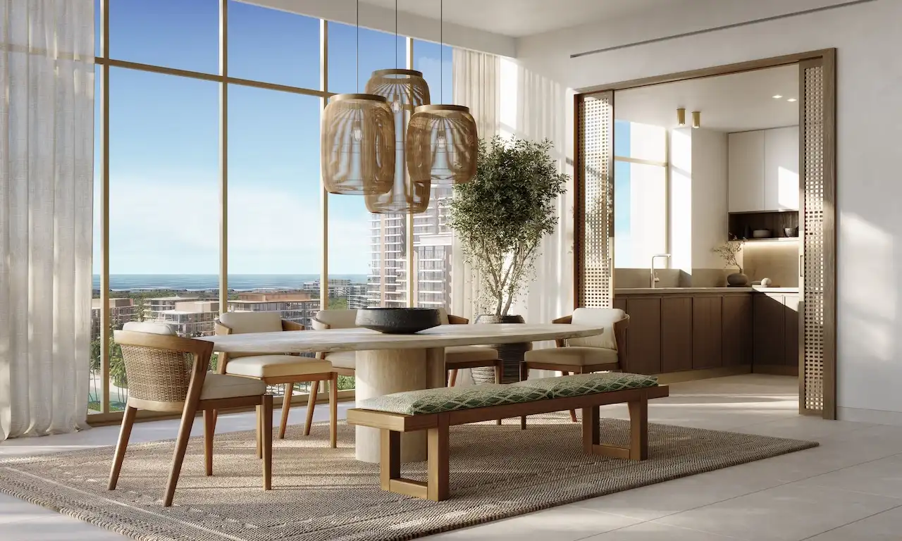 dining area with sea view at Bay Grove Residences on Dubai Islands Island B in Dubai presented by Tohid Fetrat