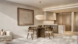 modern dining and kitchen interior at Bay Grove Residences on Dubai Islands Island B in Dubai presented by Tohid Fetrat