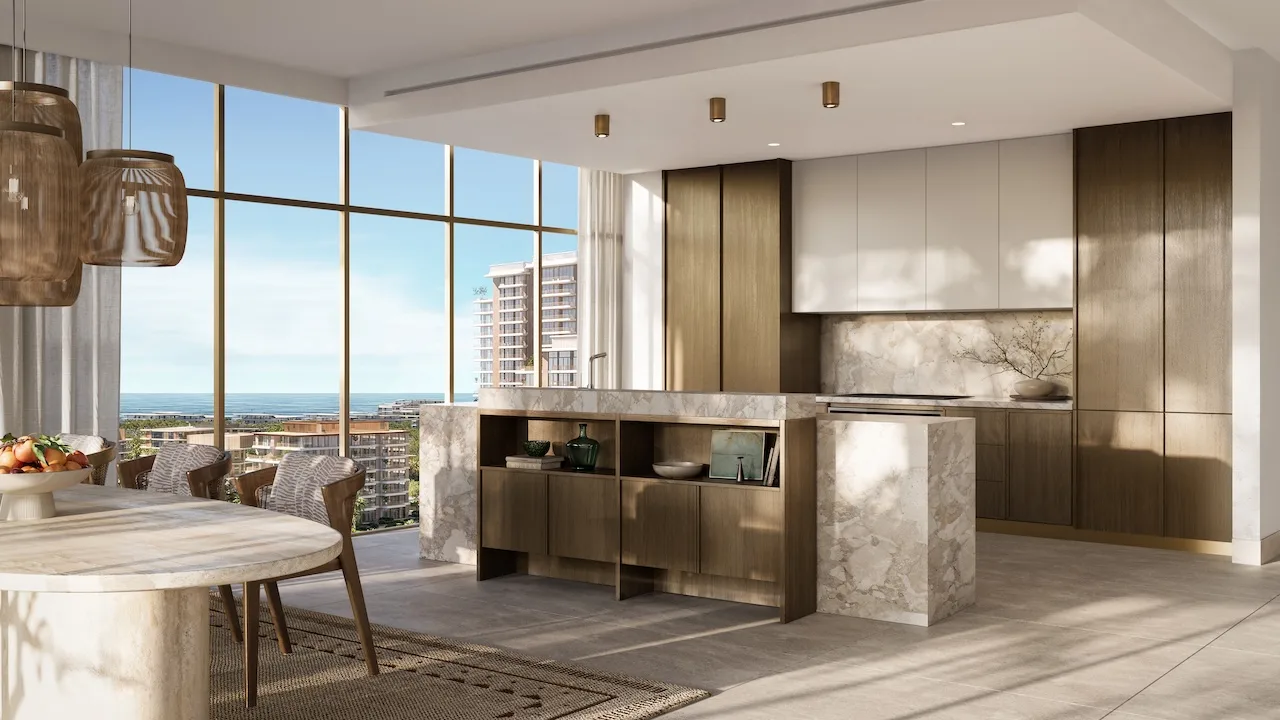modern kitchen with sea view at Bay Grove Residences on Dubai Islands Island B in Dubai presented by Tohid Fetrat