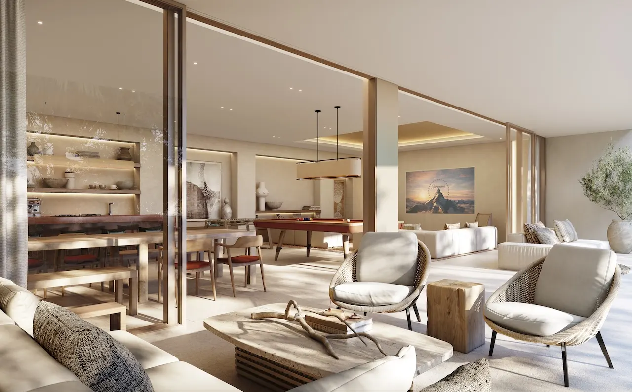 open plan living and dining area at Bay Grove Residences on Dubai Islands Island B in Dubai presented by Tohid Fetrat
