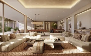 open plan living and entertainment area at Bay Grove Residences on Dubai Islands Island B in Dubai presented by Tohid Fetrat