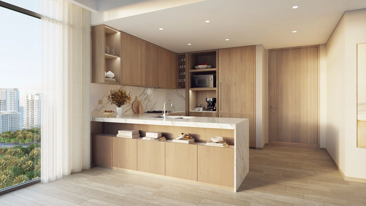 Modern open kitchen at Bay Grove Residences Phase 1 Dubai Islands Island B Presented by Tohid Fetrat
