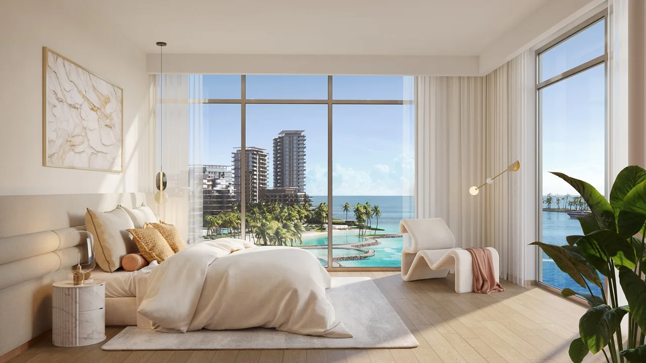 Bedroom with waterfront view at Bay Grove Residences Phase 2 Dubai Islands Island B Presented by Tohid Fetrat