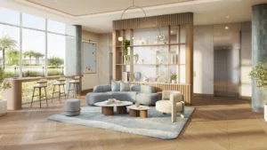 Lobby lounge interior at Bay Grove Residences Phase 2 Dubai Islands Island B Presented by Tohid Fetrat
