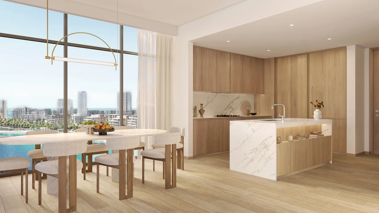 Open plan kitchen and dining area at Bay Grove Residences Phase 2 Dubai Islands Island B Presented by Tohid Fetrat