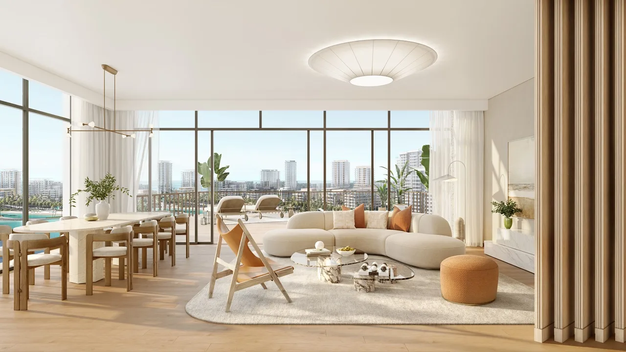 Open plan living room with terrace view at Bay Grove Residences Phase 2 Dubai Islands Island B Presented by Tohid Fetrat