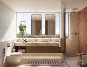 bathroom with sea view window at Bay Grove Residences Phase 3 Dubai Islands Island B Presented by Tohid Fetrat