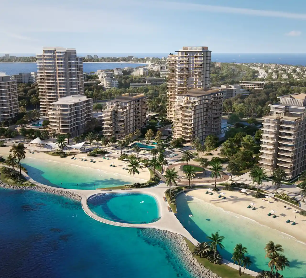 beachfront lagoon and residential towers at Bay Grove Residences Phase 3 Dubai Islands Island B Presented by Tohid Fetrat