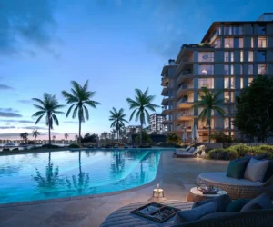 evening pool and waterfront residences at Bay Grove Residences Phase 3 Dubai Islands Island B Presented by Tohid Fetrat