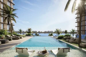 infinity pool with waterfront view at Bay Grove Residences Phase 3 Dubai Islands Island B Presented by Tohid Fetrat