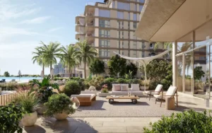 landscaped waterfront terrace lounge at Bay Grove Residences Phase 3 Dubai Islands Island B Presented by Tohid Fetrat
