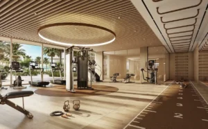 modern fitness gym with garden view at Bay Grove Residences Phase 3 Dubai Islands Island B Presented by Tohid Fetrat