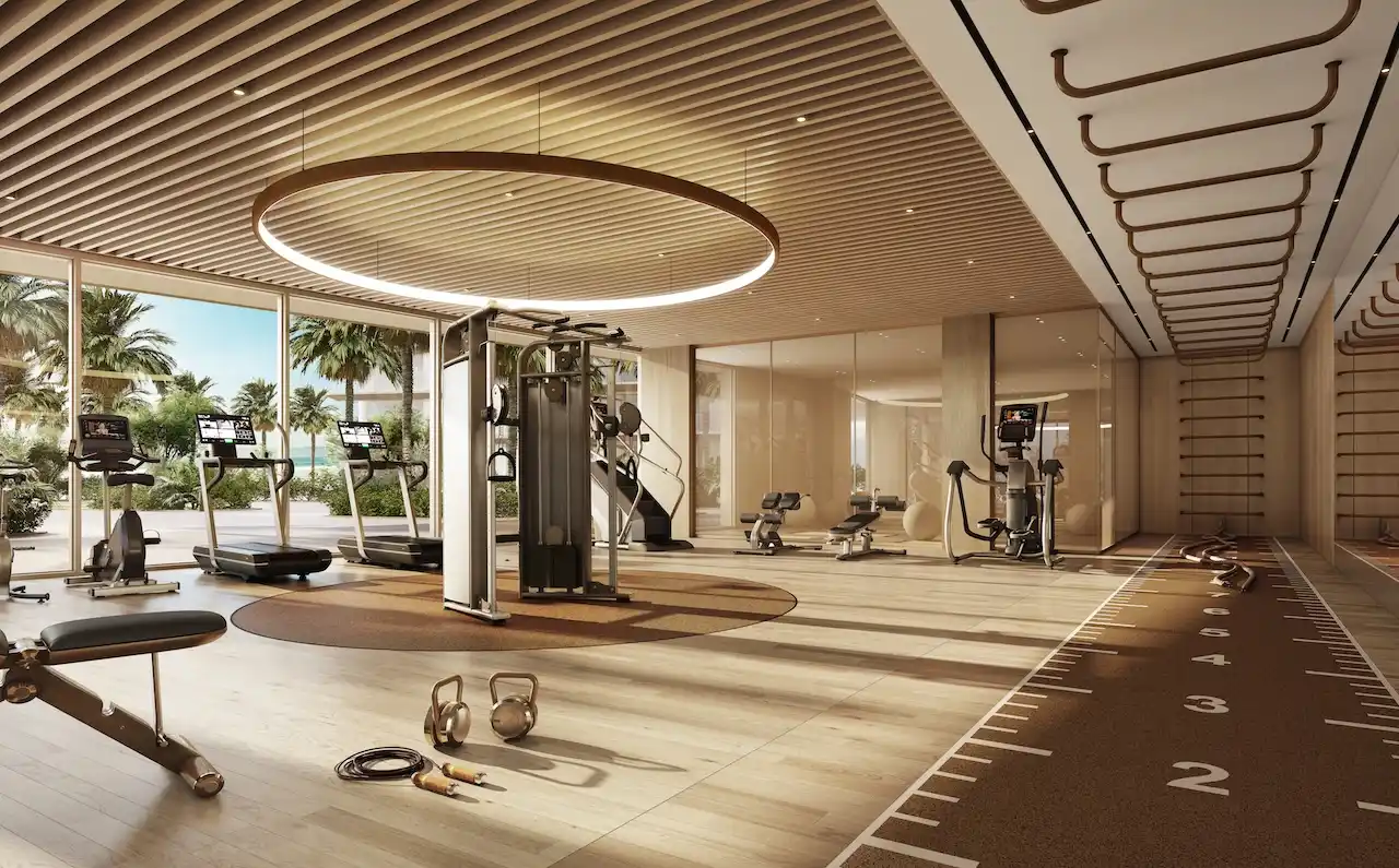 modern fitness gym with garden view at Bay Grove Residences Phase 3 Dubai Islands Island B Presented by Tohid Fetrat