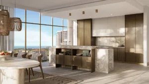 open kitchen and dining with sea view at Bay Grove Residences Phase 3 Dubai Islands Island B Presented by Tohid Fetrat