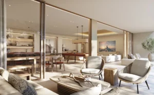 open plan living and entertainment area at Bay Grove Residences Phase 3 Dubai Islands Island B Presented by Tohid Fetrat